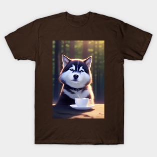 Siberian Husky with a mug cup of morning coffee T-Shirt